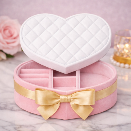 Heart shaped pink velvet jewelry box